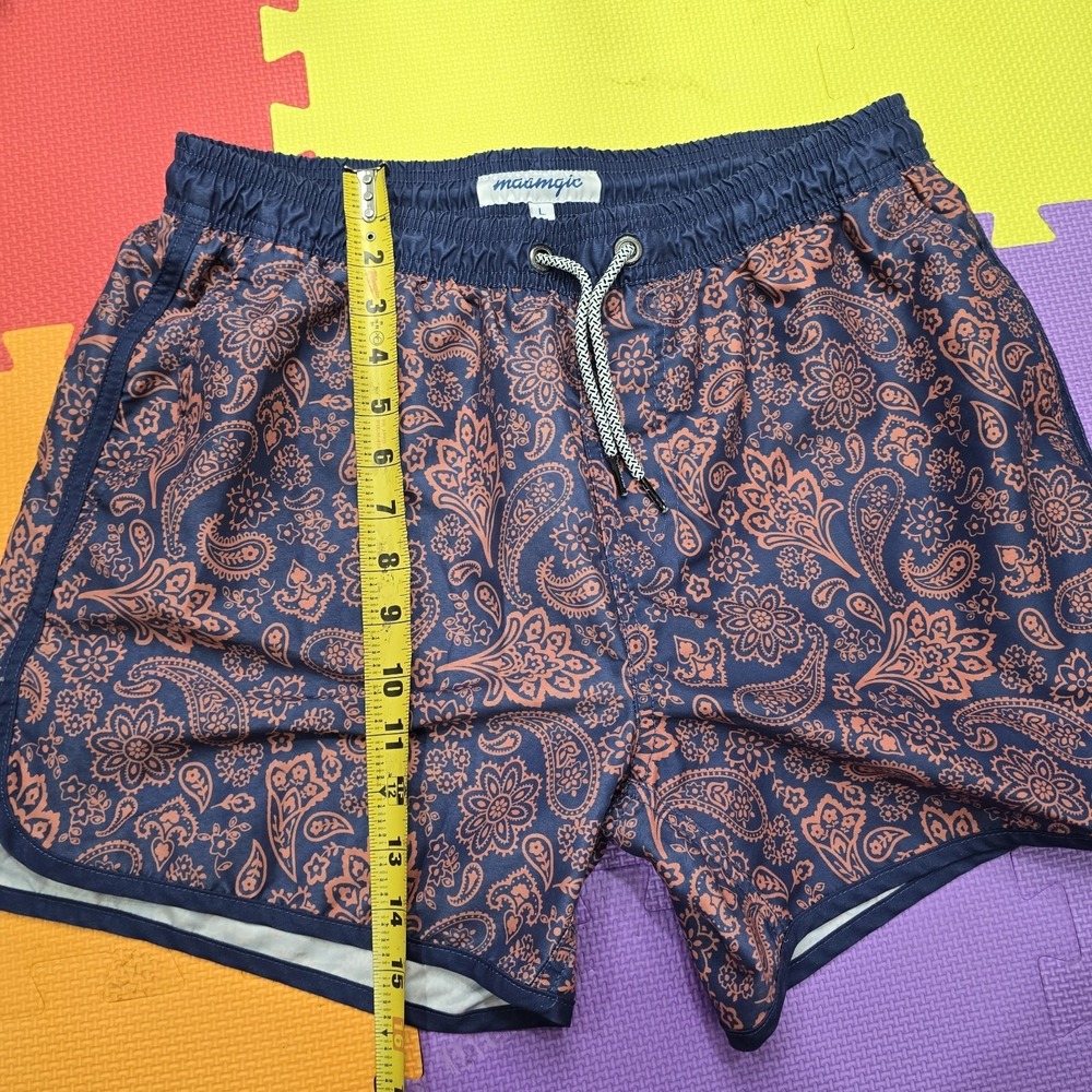 Maamgic Mens Swim Trunks Size L Navy Blue Orange Paisley Mesh Lined Quick Dry 5"